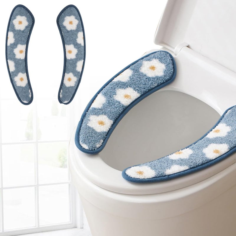 Iensen Thick and Warm Toilet Seat Cover – Washable, Reusable Cushion with TPR Adhesive & Floral Pattern for Comfort & Insulation (Blue) - Image 1